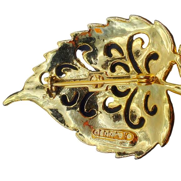 Gerrys Gold Leaf Brooch Open Work Stem Vintage 1970s Pin Signed Jewelry - Picture 4 of 5